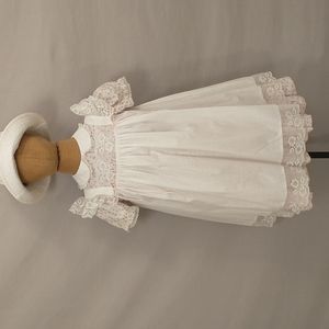 Vintage Pinafore Dress White Swiss Dot over Pink Girls 6x Lace Trim Sweet